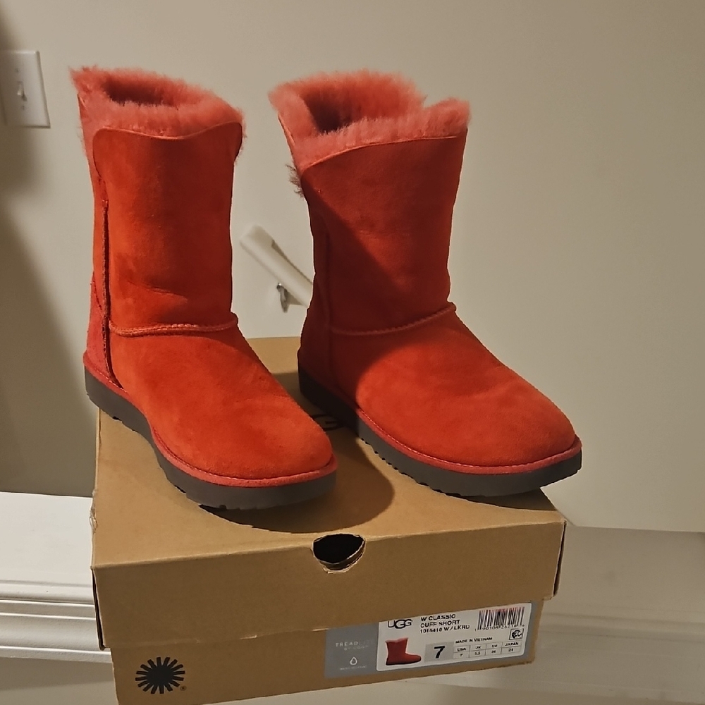 UGG Red Suede Mid-Calf Winter Boots with Shearling Trim